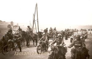militares, militar, Alemania, circulando, sidecar, bicicleta, carros, caballos, motos