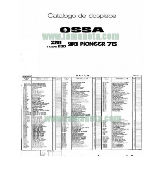 Ossa Super Pioner 250-76 Despiece y Anexo 230 0021